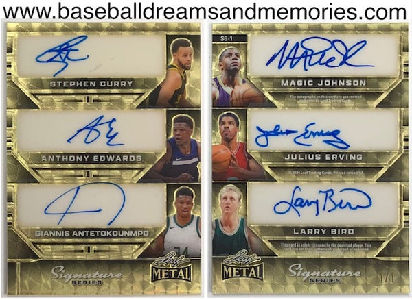 2024 Leaf Metal Signature Series Stephen Curry, Anthony Edwards, Giannis Antetokounmpo, Magic Johnson, Julius Erving, Larry Bird Gold Superfractor Autograph Card Serial Numbered 1/1