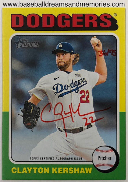 2024 Topps Heritage High Number Clayton Kershaw Red Ink Real One Autograph Card Serial Numbered 36/75