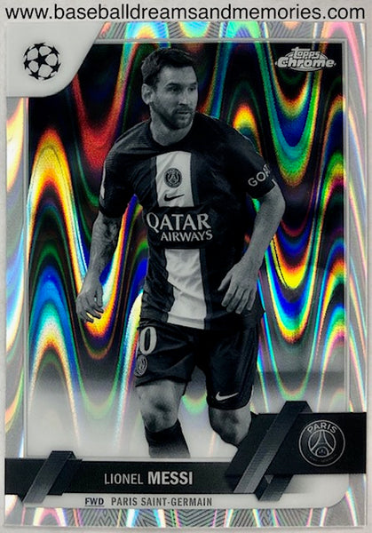 2022-23 Topps Chrome UEFA Club Competitions Lionel Messi Black and White RayWave Refractor Card