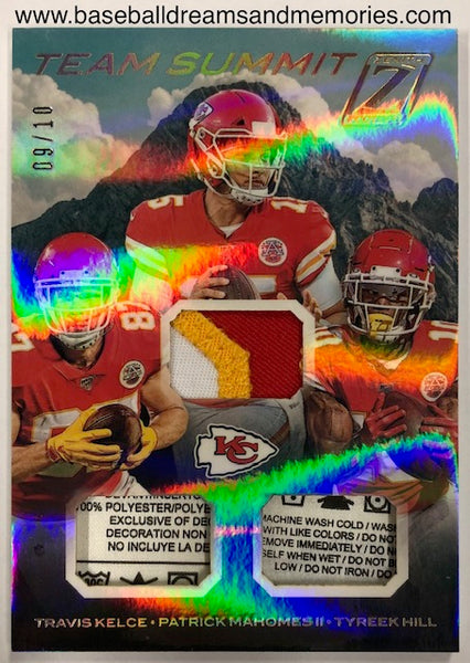 2020 Panini Zenith Team Summit Patrick Mahomes Travis Kelce Tyreek Hill Triple Relic Card Serial Numbered 09/10