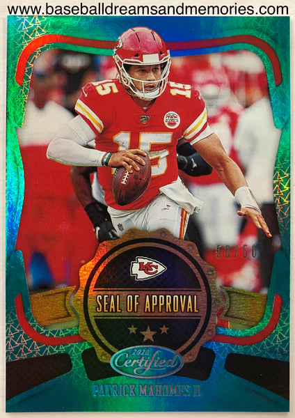 2020 Panini Certified Patrick Mahomes II Seal Of Approval Aqua Parallel Card Serial Numbered 50/50