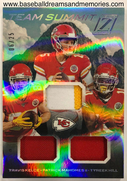 2020 Panini Zenith Team Summit Patrick Mahomes Travis Kelce Tyreek Hill Triple Relic Card Serial Numbered 06/25